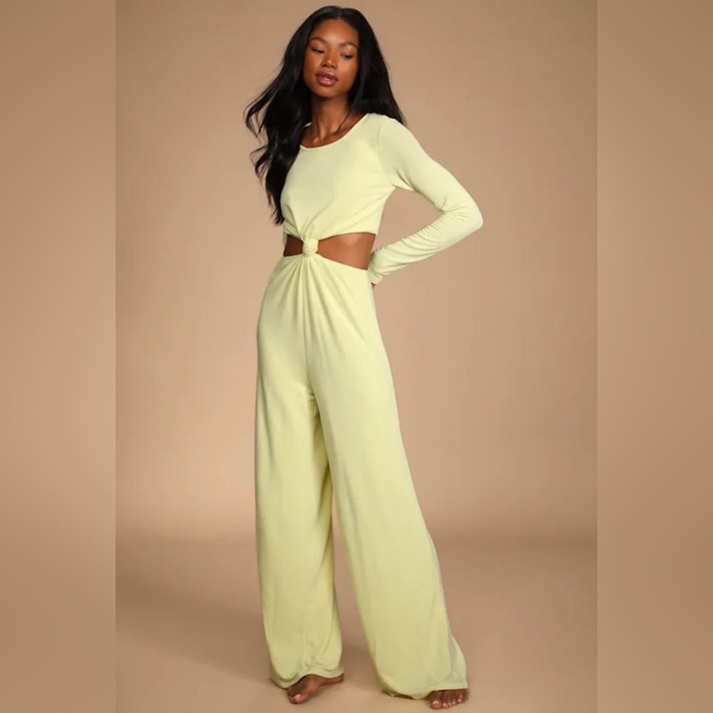 Lulus Lime Green Long Sleeve Cutout Wide Leg Jumpsuit size XS